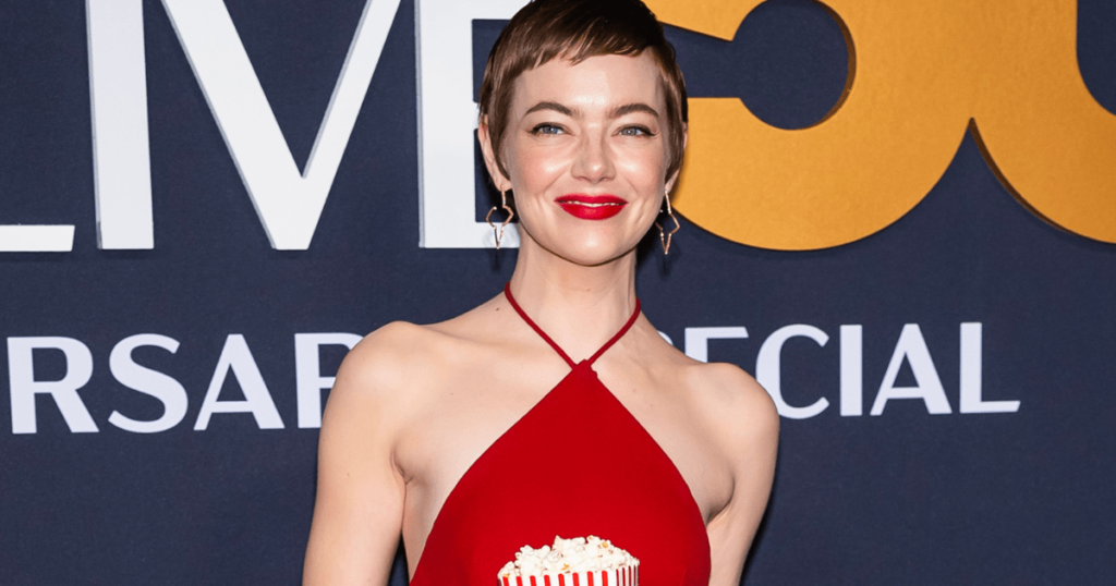 Emma Stone Filled Her LV Gown Pockets With Popcorn in SNL 50 Photos