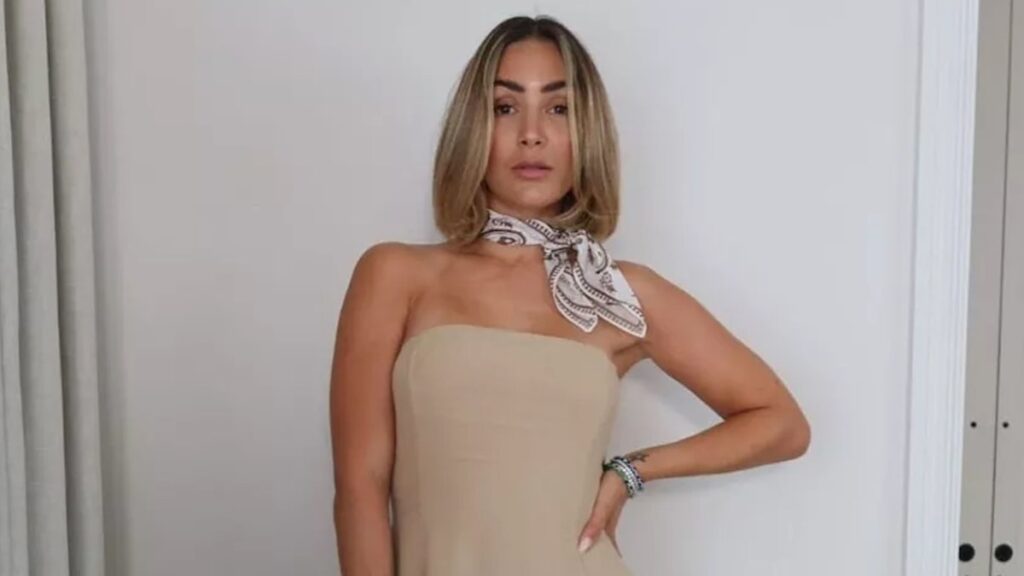 ff34fde191c2frankiebridgebeigedressjpg | New Top Model Frankie Bridges elegant strapless dress looks designer but its just £44