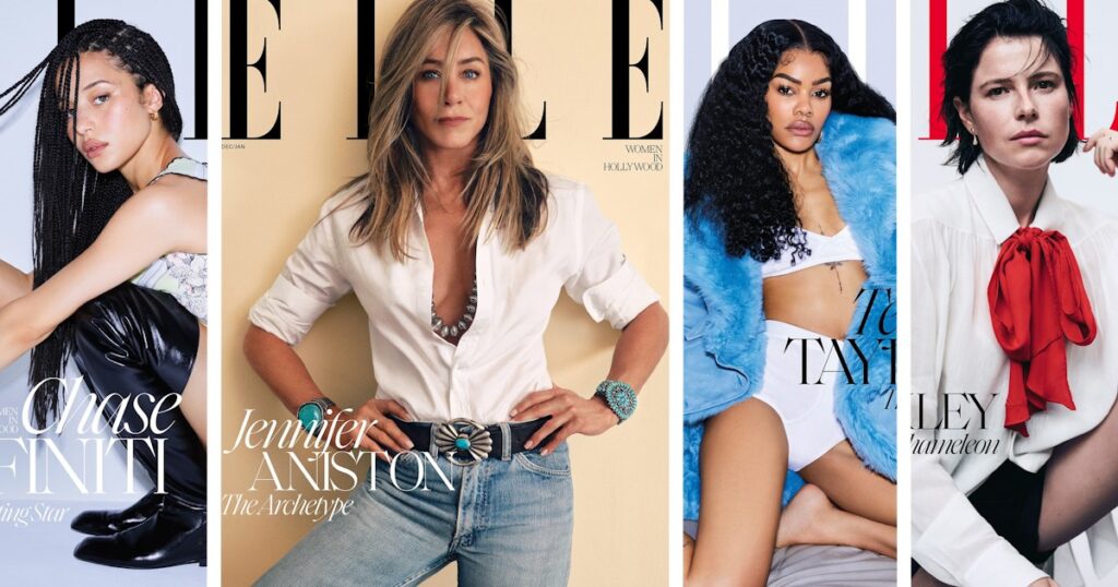 uselledec25jan26hollywoodfeaturedjpg | New Top Model Jennifer Aniston Teyana Taylor More Star on ELLEs 2025 Women in Hollywood Covers