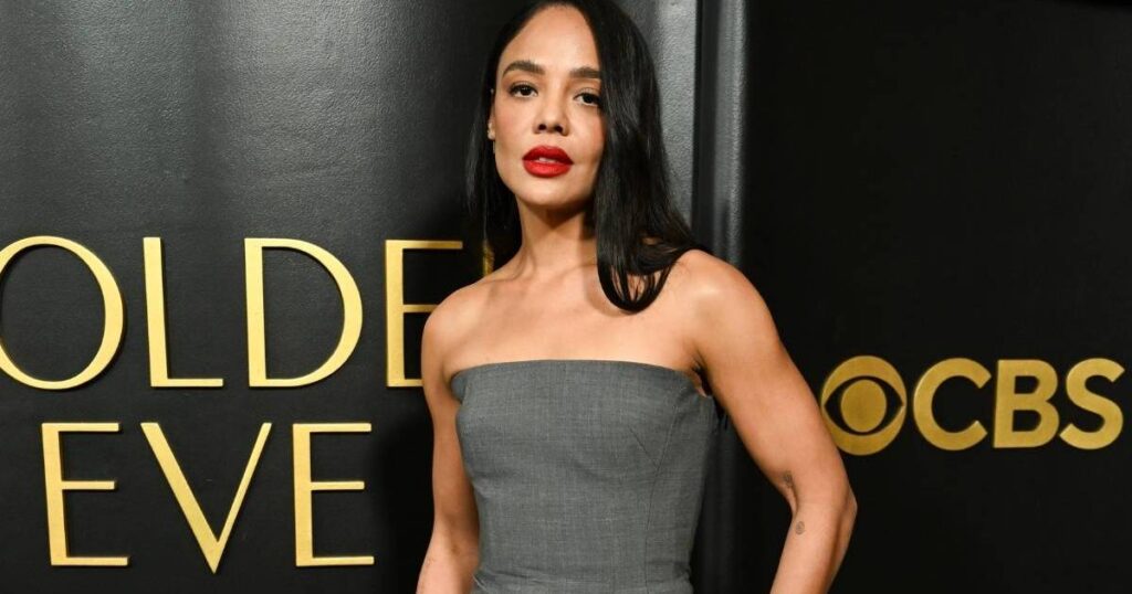 Tessa Thompsons High Slit Monse Dress Is Defined by Corsetry