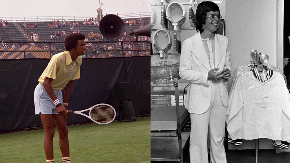 AsheKingTennisjpg | New Top Model Arthur Ashe at the Robert F Kennedy 1972 Memorial Foundation Tournament New York Billie Jean King debuts her HEAD sports tennis collection at Bloomingdales New York 1973